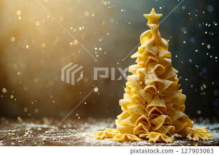 Creative and funny edible christmas tree made from pasta for festive celebrations 127903063