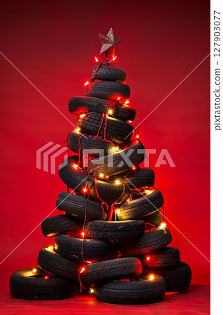 Christmas tree made of car tires and wheels on red background with copy space 127903077