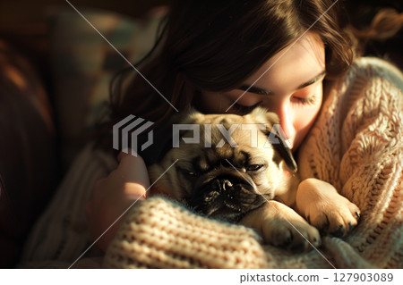 Warm and cozy home: a woman hugging a puppy with love and care 127903089