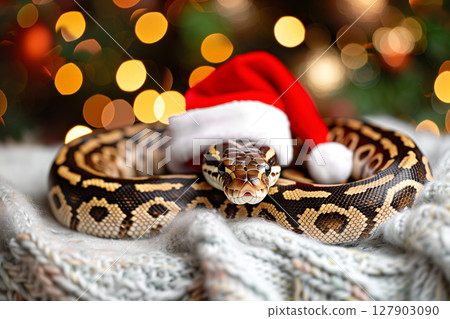 Striped royal python snake wearing a festive santa claus hat isolated on lights bokeh background 127903090