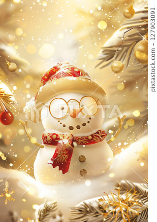 Luxurious golden christmas greeting card featuring a dancing snowman with glittering decor elements 127903091