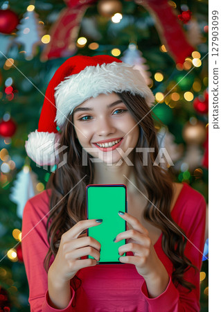 Joyful christmas girl in santa hat with smartphone against festive tree background 127903099