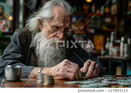 Senior man with long white beard counting money at a pub table with glasses on 127903115