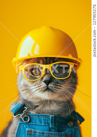 Funny cat dressed as builder wearing yellow helmet against yellow background 127903278