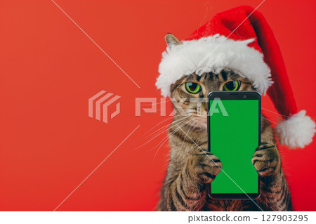 Festive christmas cat in santa hat holding smartphone with chroma key screen 127903295