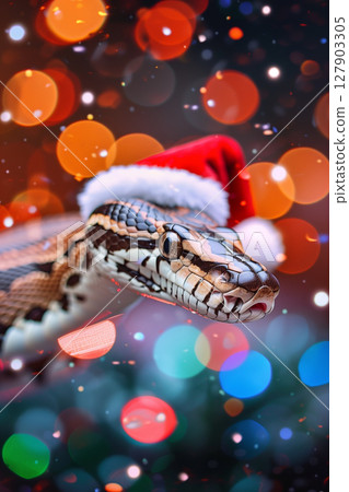 Striped royal python snake wearing a festive santa claus hat isolated on lights bokeh background 127903305