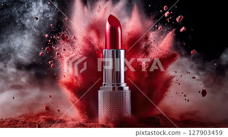 Elegant red lipstick with powder burst and smoke effect, fashion makeup advertisement 127903459