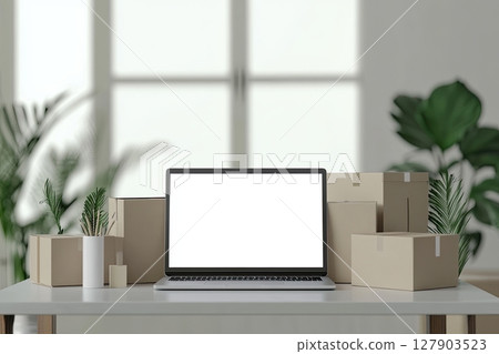 Laptop with blank screen surrounded by cardboard boxes on desk in modern workspace 127903523