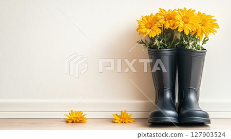 Decorative rubber boots filled with yellow blossoms in cozy home interior 127903524