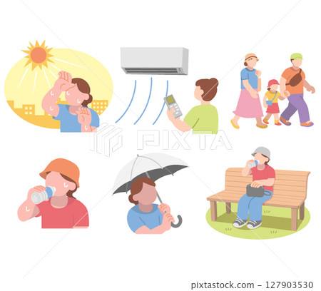 Illustration set of people taking measures against heat stroke Illustration set of people taking measures against heat stroke 127903530
