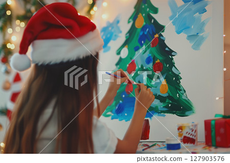 Little girl indoors at home at Christmas, painting pictures with christmas tree. 127903576