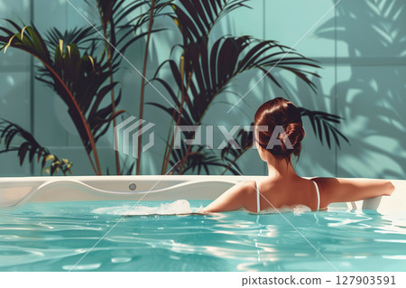 Young woman relaxing in a jacuzzi at hotel spa's swimming pool area 127903591