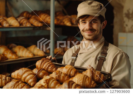 Handsome baker in uniform displaying freshly baked croissants on tray 127903600