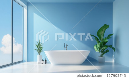 Simple modern bathroom design: A window with a view of the blue sky and a white bathtub with greenery_1 127903743