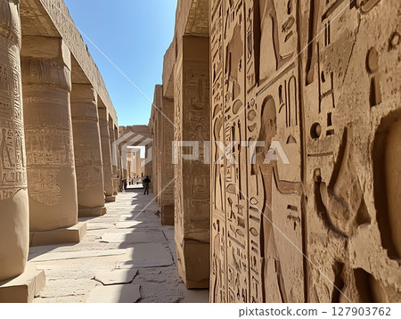 Ancient Egyptian Temple Corridor with Hieroglyphic Walls Ancient Egyptian Temple Corridor with Hieroglyphic Walls 127903762