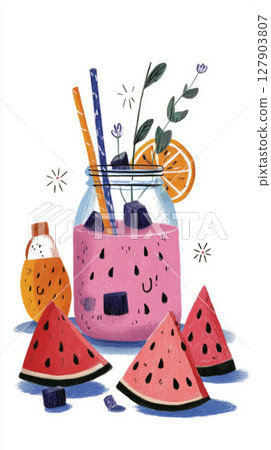 A vibrant watermelon smoothie is served in a jar, adorned with slices of orange and a sprig of greenery. Juicy watermelon wedges accompany the refreshing drink, creating an enticing summer treat 127903807