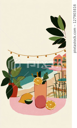 A vibrant mojito sits on a bar counter surrounded by plants, with a clear view of the ocean and beach, creating a perfect atmosphere for relaxation and enjoyment 127903816