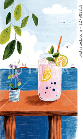 A refreshing mojito sits on a wooden bar counter, adorned with lime and mint, while the sparkling ocean and sailboats provide a scenic backdrop 127903819