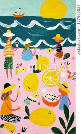 A fun gathering unfolds on a sunny beach as friends sip drinks and share laughter, surrounded by rolling waves and a warm, inviting atmosphere in this joyful moment 127903827