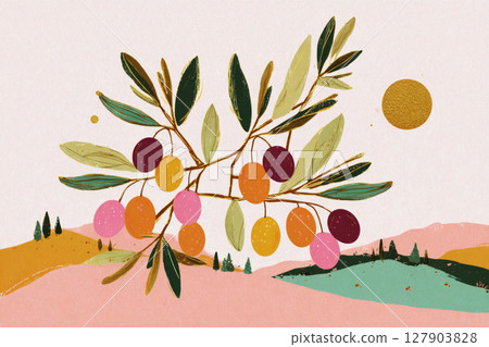 Fresh ripe olives hang from lush branches, showcasing a palette of colors against a serene backdrop of rolling hills and clear skies during the harvest season, embodying natural beauty Fresh ripe olives hang from lush branches, showcasing a palette of colors against a serene backdrop of rolling hills and clear skies during the harvest season, embodying natural beauty 127903828