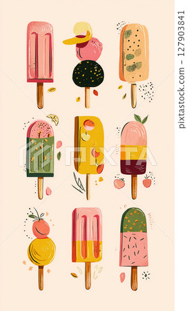 Bright and attractive popsicles display a variety of flavors and designs against a soft pastel background. Each popsicle offers unique toppings and colors, enticing anyone nearby Bright and attractive popsicles display a variety of flavors and designs against a soft pastel background. Each popsicle offers unique toppings and colors, enticing anyone nearby 127903841