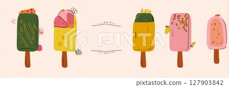 Various vibrant popsicles are arranged in a playful line, each featuring unique flavors and colorful decorations. Their appealing designs create a fun and cheerful summer atmosphere, banner, banner 127903842
