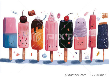 Brightly colored popsicles line up in a fun arrangement, featuring joyful faces and a variety of toppings like sprinkles, cherries, and chocolate. A visually appealing treat for summer Brightly colored popsicles line up in a fun arrangement, featuring joyful faces and a variety of toppings like sprinkles, cherries, and chocolate. A visually appealing treat for summer 127903843