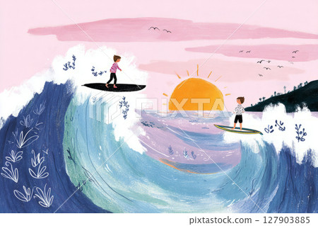 Two surfers expertly navigate the crashing waves on pink surfboards against a soft pastel sunset. The ocean setting is lively, creating a joyful atmosphere of adventure 127903885