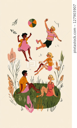 Groups of children are happily playing with water balloons by a small pond on a sunny summer day. They are engaged in fun activities while enjoying the beauty of nature around them 127903907