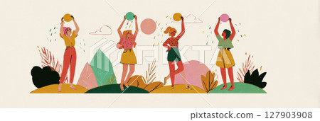 Groups of children are delightfully engaged in a water balloon fight in a spacious backyard. The sun shines bright, enhancing the cheerful atmosphere filled with laughter 127903908