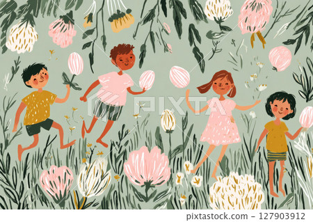 Four children joyfully run through a vibrant garden holding water balloons during a warm, sunny day. The lush surroundings create a playful atmosphere filled with laughter and excitement 127903912