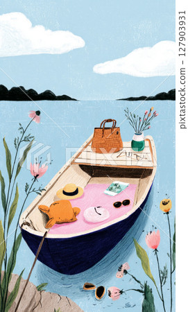 A small boat is anchored on tranquil waters, featuring a charming picnic setup with a tablecloth, food, drinks, and a pink umbrella, creating a relaxing atmosphere 127903931