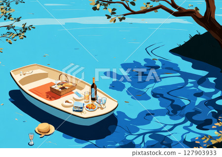 A small boat floats on calm waters, beautifully arranged with a picnic setup including snacks and drinks, creating a serene atmosphere ideal for relaxation 127903933