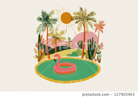 A round inflatable pool occupies a vibrant backyard, adorned with a flamingo swimming. Lush plants surround the area, while mountains rise under a warm sun in the clear sky A round inflatable pool occupies a vibrant backyard, adorned with a flamingo swimming. Lush plants surround the area, while mountains rise under a warm sun in the clear sky 127903963