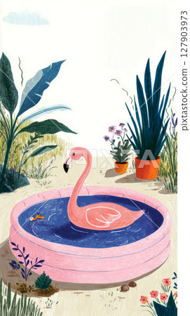 A round inflatable water pool sits in a backyard filled with greenery. A bright pink flamingo floats on the water, surrounded by colorful plants and flowers 127903973