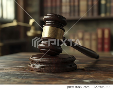 Wooden Judge Gavel on Desk in Law Library Setting Wooden Judge Gavel on Desk in Law Library Setting 127903988