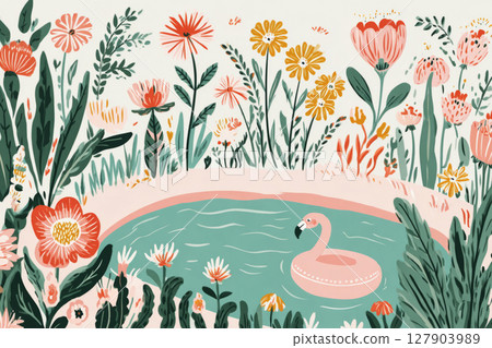 Colorful backyard features a round inflatable water pool filled with water, showcasing a pink flamingo floating amidst various flowers and greenery under a bright sky Colorful backyard features a round inflatable water pool filled with water, showcasing a pink flamingo floating amidst various flowers and greenery under a bright sky 127903989