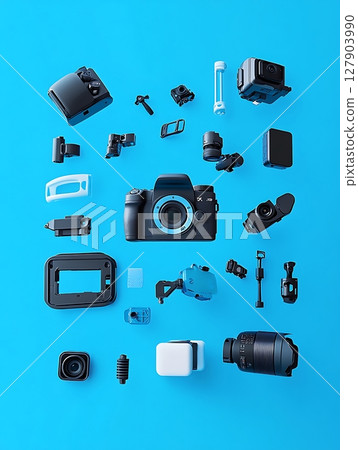 Professional Camera Gear Display with Accessories on Vibrant Blue Background Professional Camera Gear Display with Accessories on Vibrant Blue Background 127903990