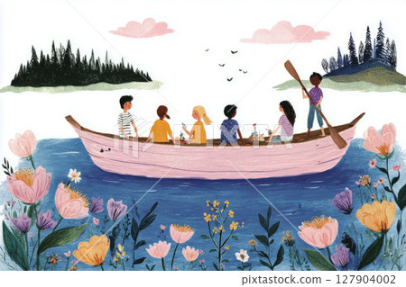 A group of four enjoys a relaxing picnic on a boat. Fruits and drinks are spread out as they share laughter and peaceful moments amidst lush greenery and colorful blooms 127904002
