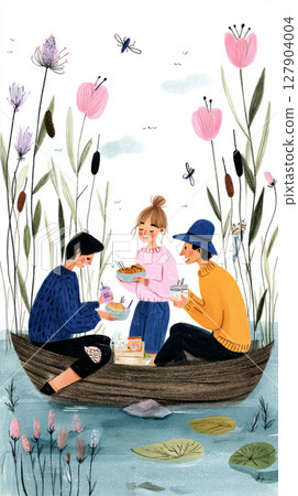 Friends enjoy a delightful picnic on a boat, featuring fresh fruit and drinks, while surrounded by a peaceful lake and distant hills under a clear sky 127904004