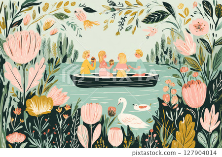 Four friends relax on a boat enjoying a picnic with fruit and drinks while surrounded by colorful flowers and trees near a calm body of water 127904014
