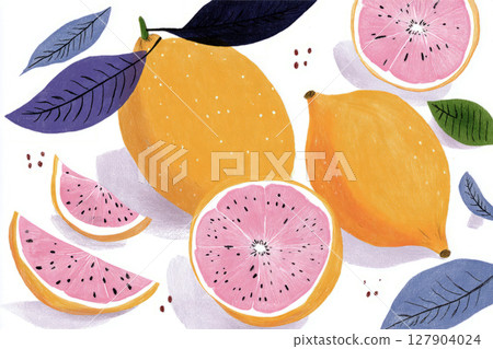 Brightly colored lemons with pink flesh and green, purple leaves are arranged artistically, showcasing their ripe nature and fresh appeal in a vibrant, sunny setting Brightly colored lemons with pink flesh and green, purple leaves are arranged artistically, showcasing their ripe nature and fresh appeal in a vibrant, sunny setting 127904024