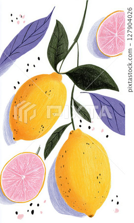 Vibrant ripe lemons hang with lush purple leaves, accompanied by pink lemon slices. The arrangement showcases the freshness and beauty of citrus fruit in a minimalist style 127904026