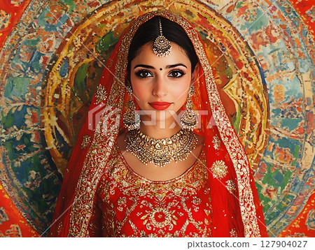 Indian Bride with Ornate Jewelry and Cultural Background Indian Bride with Ornate Jewelry and Cultural Background 127904027