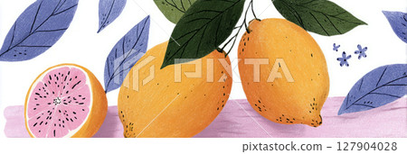 Bright, ripe lemons are showcased alongside a sliced lemon and delicate pink flowers. Green leaves add a refreshing touch, perfect for culinary inspiration or summer beverages Bright, ripe lemons are showcased alongside a sliced lemon and delicate pink flowers. Green leaves add a refreshing touch, perfect for culinary inspiration or summer beverages 127904028