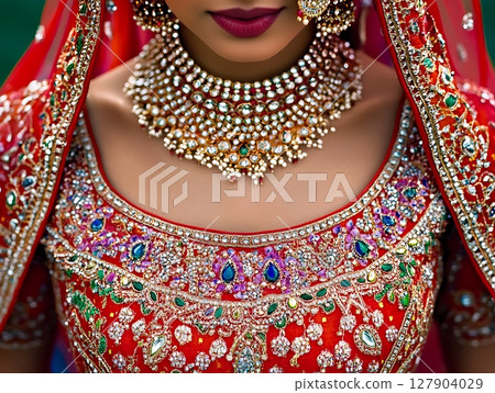 Close-Up of Intricate Bridal Jewelry on Red Wedding Attire Close-Up of Intricate Bridal Jewelry on Red Wedding Attire 127904029
