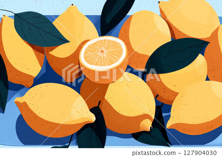 Bright, ripe lemons dangle from branches, surrounded by vibrant green leaves. Sunny weather creates a cheerful atmosphere in the garden, showcasing nature's abundance Bright, ripe lemons dangle from branches, surrounded by vibrant green leaves. Sunny weather creates a cheerful atmosphere in the garden, showcasing nature's abundance 127904030