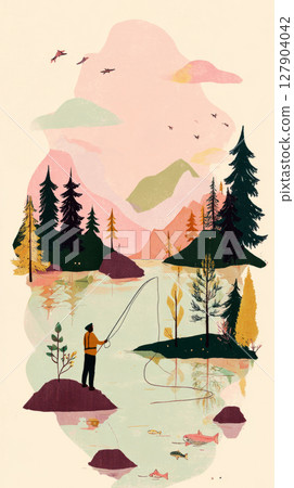 Enjoying the peacefulness of fishing on a wooden pier, surrounded by lush greenery and a calm waterway during a beautiful sunset 127904042