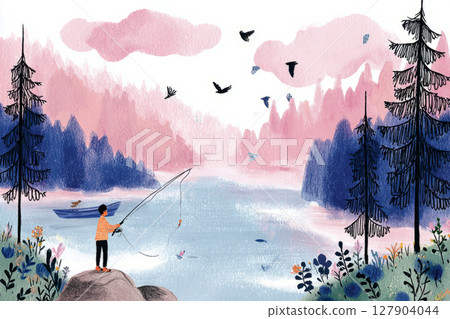 A person enjoys a serene fishing experience on a wooden pier as the sun sets over the calm lake, surrounded by lush greenery and soft pastel skies A person enjoys a serene fishing experience on a wooden pier as the sun sets over the calm lake, surrounded by lush greenery and soft pastel skies 127904044