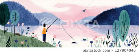 A young person stands on a wooden pier, casting a fishing line into tranquil waters surrounded by lush greenery and delicate flowers on a peaceful morning 127904046